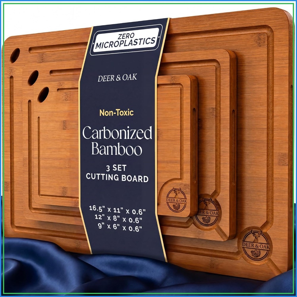 Bamboo Cutting Board - Pre-Oiled Non Toxic 3-Piece Carbonized Bamboo